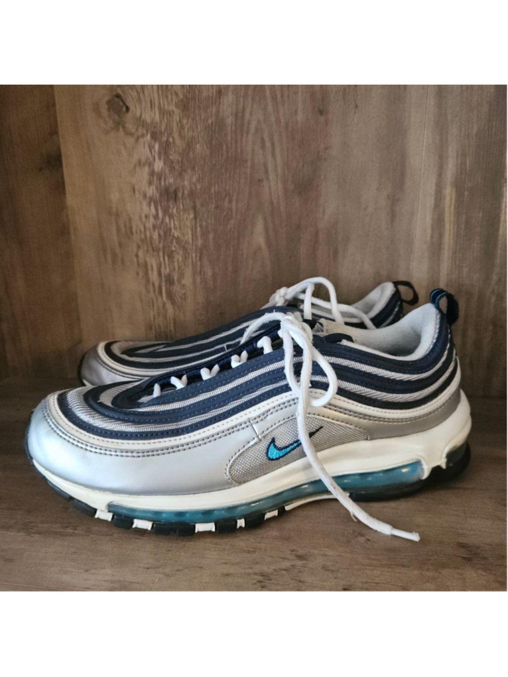 Nike Air Max 97 Metallic Silver Chlorine Blue Sneakers Mens 8.5
